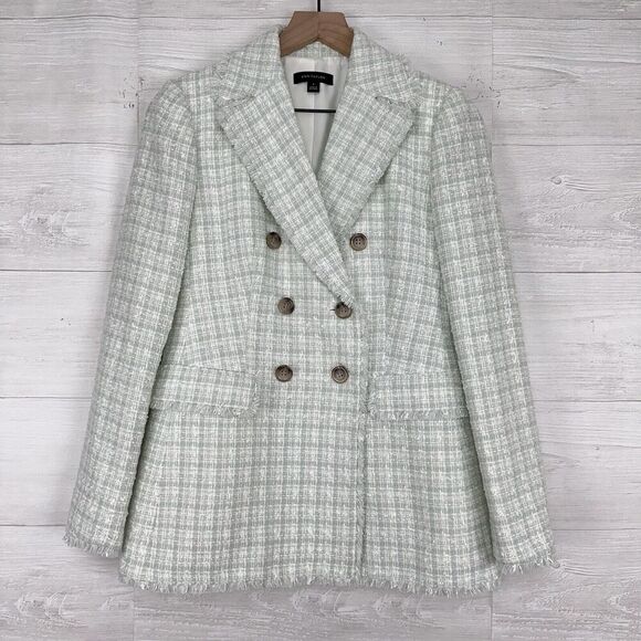 Ann Taylor Double Breasted Blazer Jacket Size 0 Plaid Seafoam Green Tweed Fringe - Picture 1 of 16